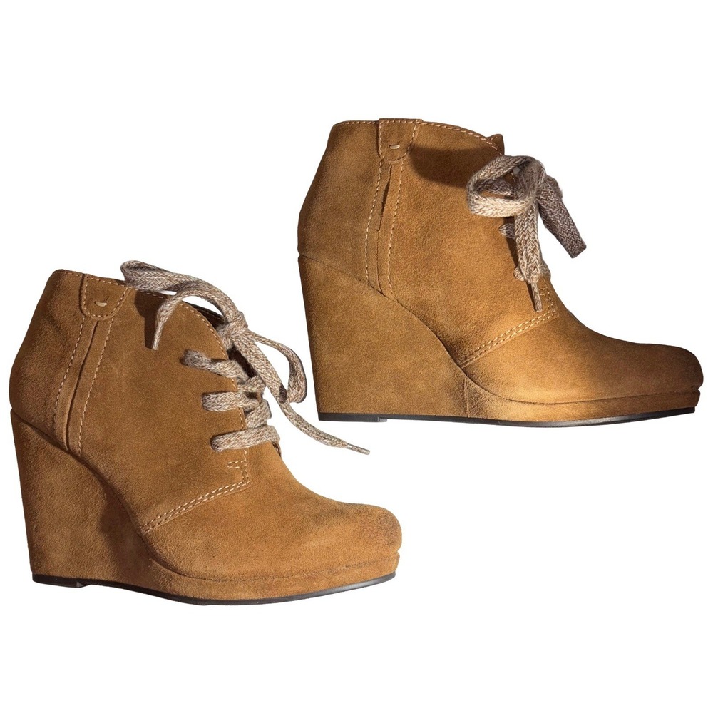Dolce Vita Gael Laceup Wedge Platform Boots‎ Booties Cognac Brown Suede, Sz 7